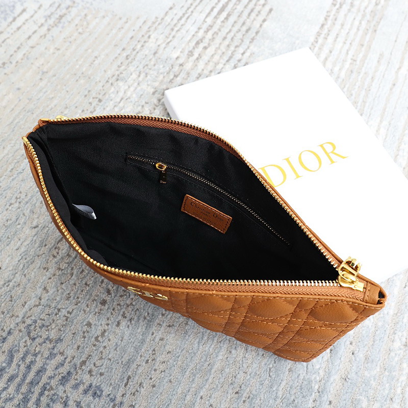 Large Dior Caro Daily Pouch Cannage Calfskin Brown