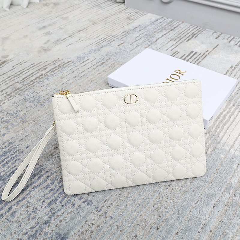 Large Dior Caro Daily Pouch Cannage Calfskin White