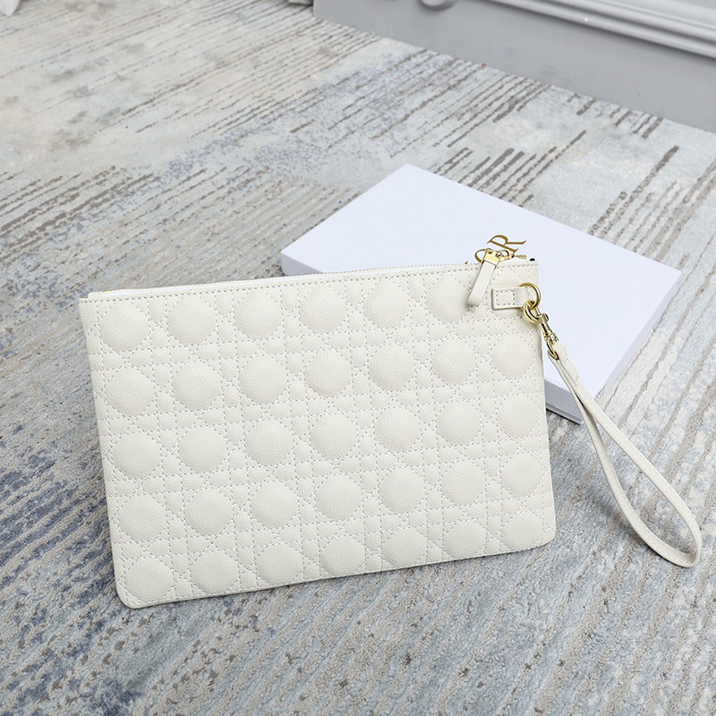 Large Dior Caro Daily Pouch Cannage Calfskin White