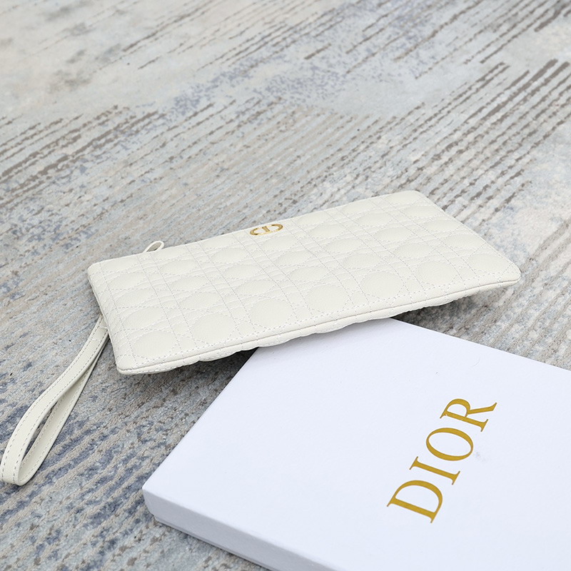 Large Dior Caro Daily Pouch Cannage Calfskin White