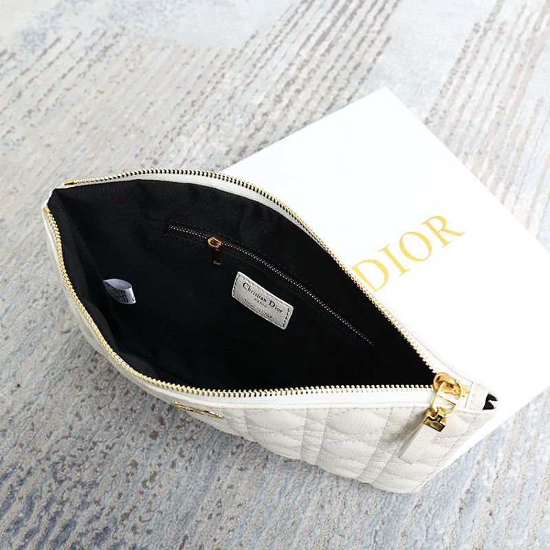 Large Dior Caro Daily Pouch Cannage Calfskin White