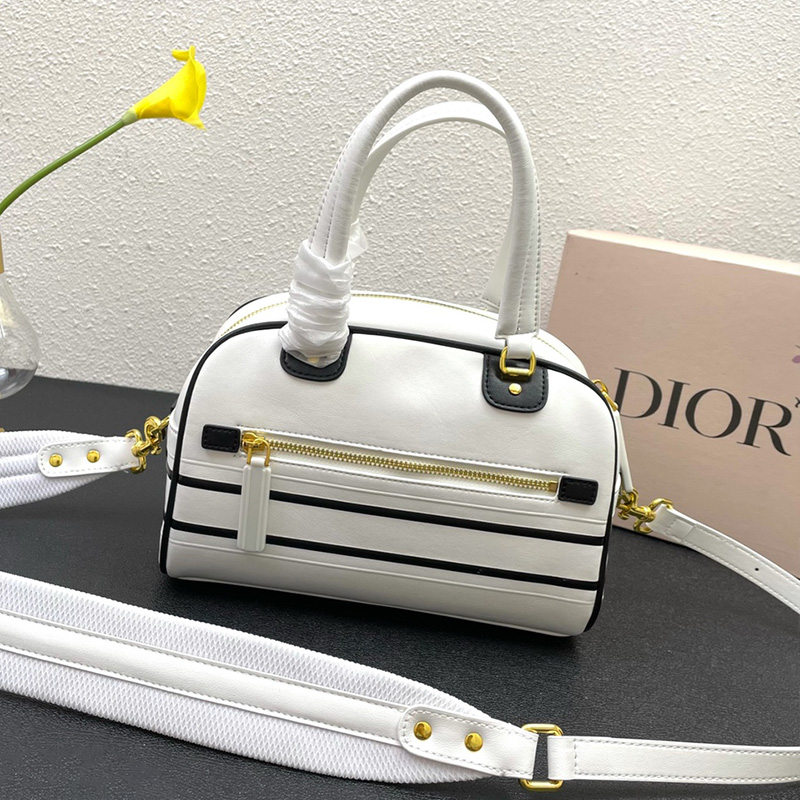 Small Dior Vibe Zip Bowling Bag Smooth Calfskin White