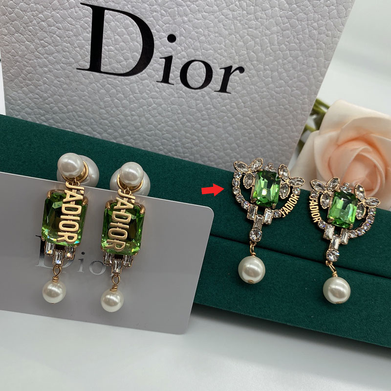 J'Adior Earrings Antique Metal/ Silver and Green Crystals with White Resin Pearls Gold