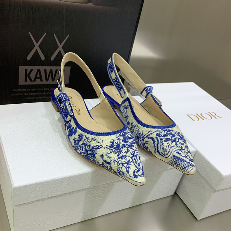 J'Adior Slingback Ballerina Flats Women Toile de Jouy Motif Cotton Dark Blue