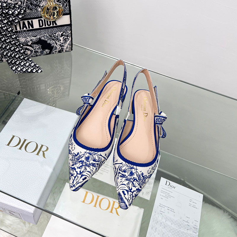 J'Adior Slingback Ballerina Flats Women Toile de Jouy Motif Cotton Navy Blue