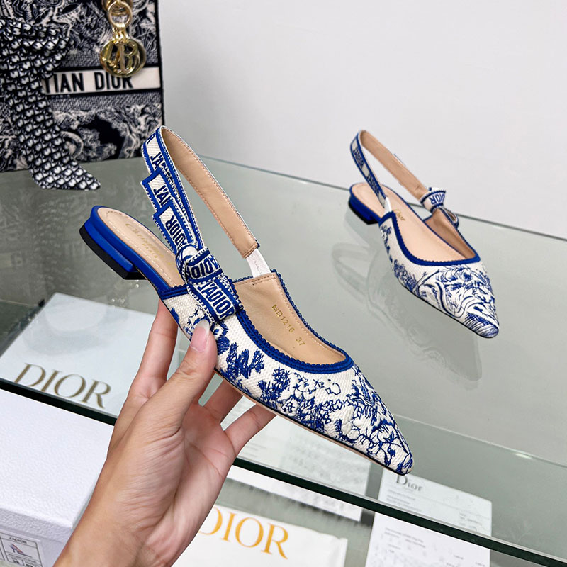 J'Adior Slingback Ballerina Flats Women Toile de Jouy Motif Cotton Navy Blue