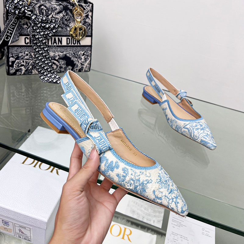 J'Adior Slingback Ballerina Flats Women Toile de Jouy Motif Cotton Sky Blue