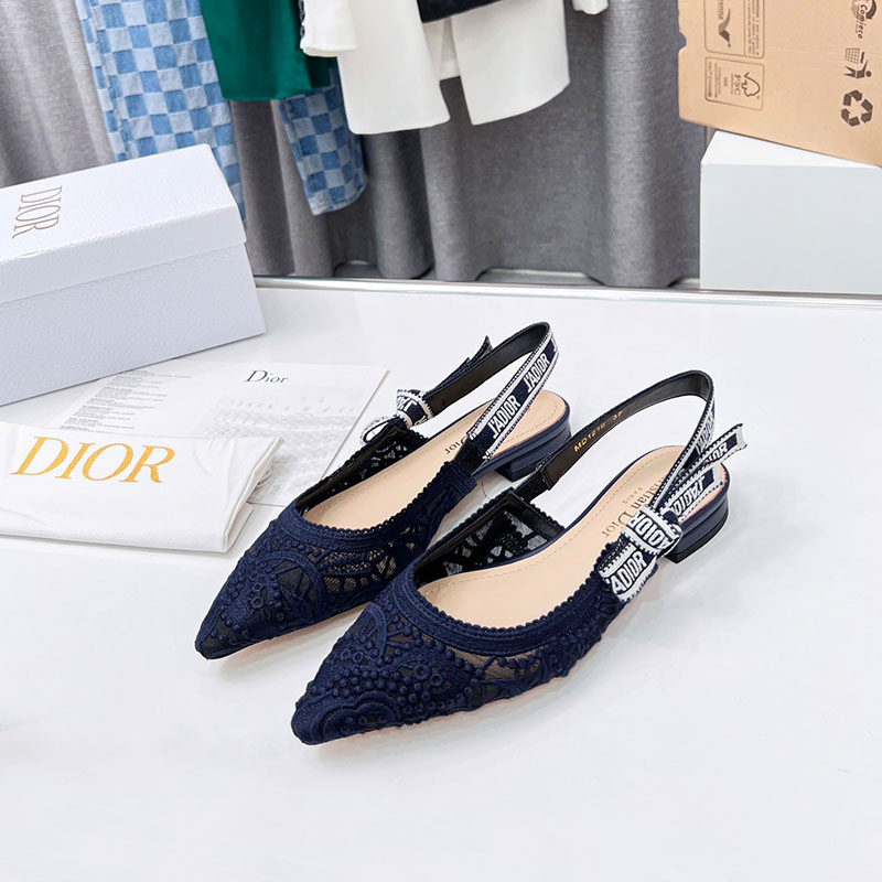 J'Adior Slingback Ballerina Flats Women D-Lace Macrame Motif Mesh Blue