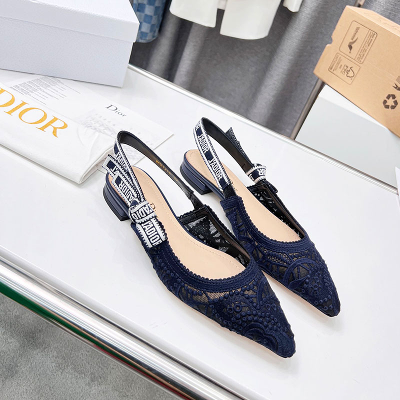 J'Adior Slingback Ballerina Flats Women D-Lace Macrame Motif Mesh Blue