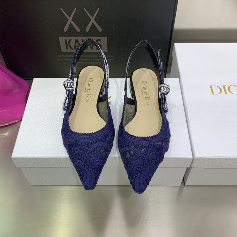 J'Adior Slingback Ballerina Flats Women D-Lace Macrame Motif Mesh Navy Blue