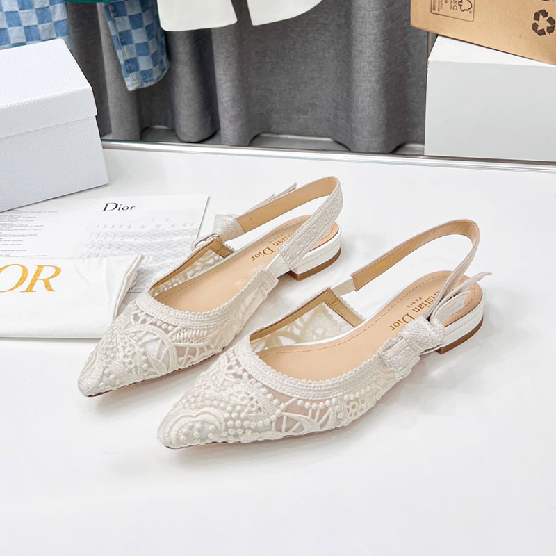 J'Adior Slingback Ballerina Flats Women D-Lace Macrame Motif Mesh White