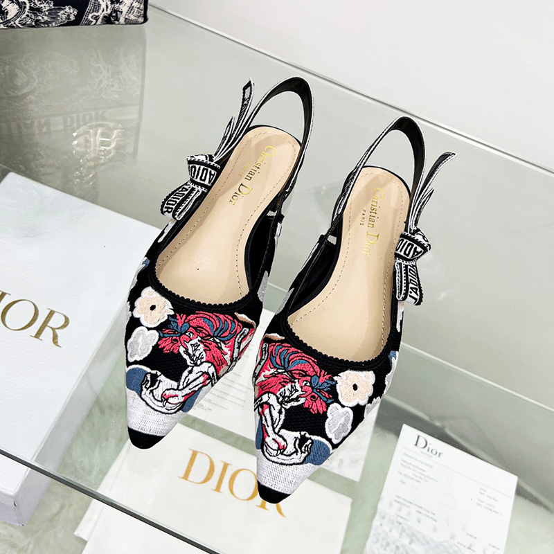 J'Adior Slingback Ballerina Flats Women Toile de Jouy Pop Motif Cotton Black