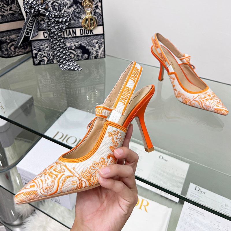 J'Adior Slingback Pumps Women Toile de Jouy Motif Cotton Orange