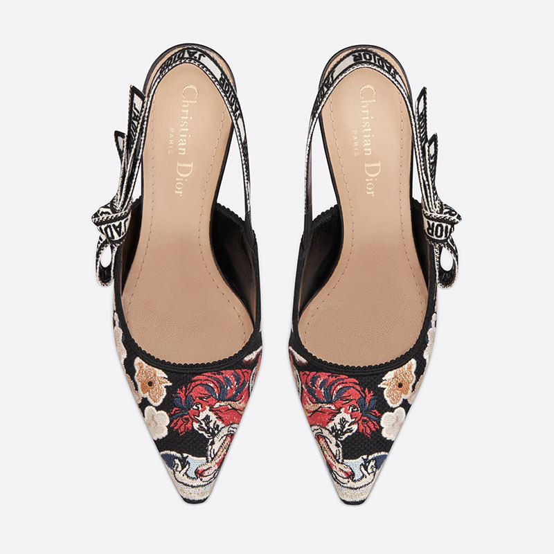 J'Adior Slingback Pumps Women Toile de Jouy Pop Motif Cotton Black