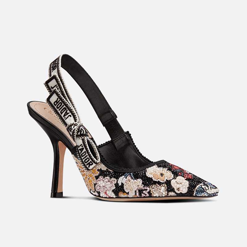 J'Adior Slingback Pumps Women Toile de Jouy Pop Motif Cotton with Beads and Strass Black
