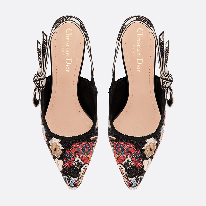 J'Adior Slingback Pumps Women Toile de Jouy Pop Motif Cotton with Beads and Strass Black