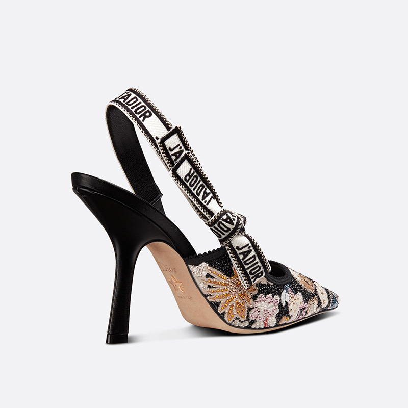 J'Adior Slingback Pumps Women Toile de Jouy Pop Motif Cotton with Beads and Strass Black