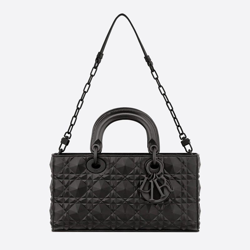 Medium Lady D-Joy Bag Ultramatte Cannage Calfskin with Diamond Motif Black