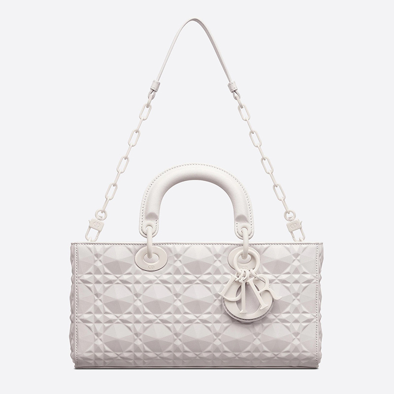 Medium Lady D-Joy Bag Ultramatte Cannage Calfskin with Diamond Motif White