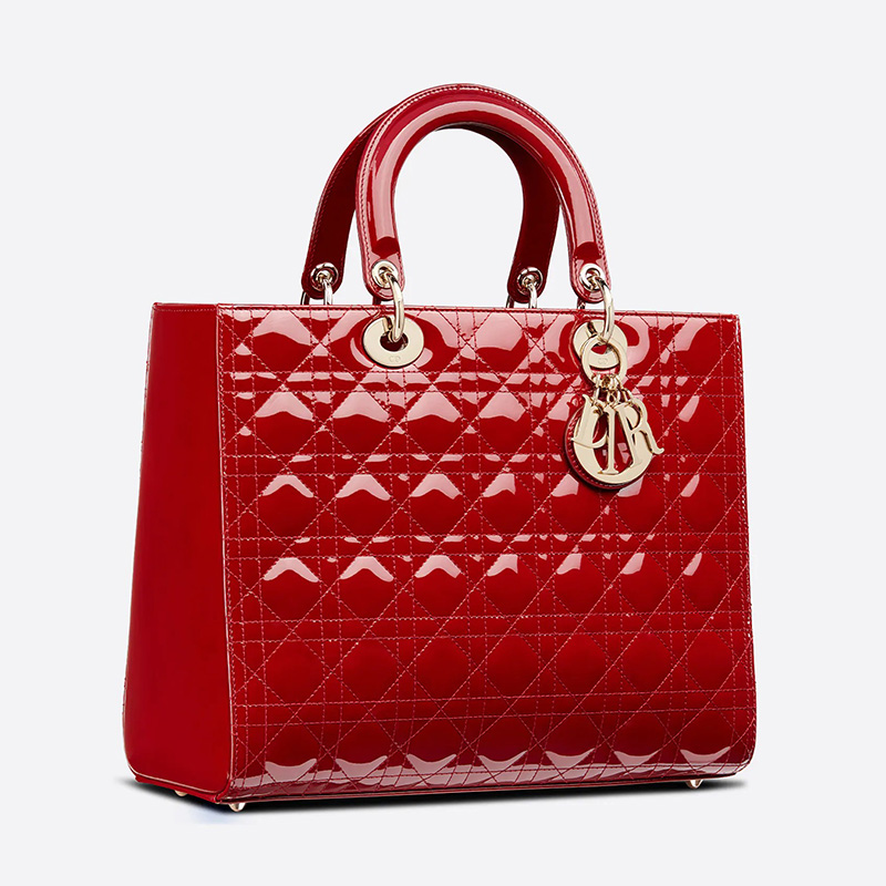 Large Lady Dior Bag Patent Cannage Calfskin Red/Gold