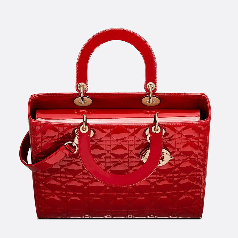 Large Lady Dior Bag Patent Cannage Calfskin Red/Gold