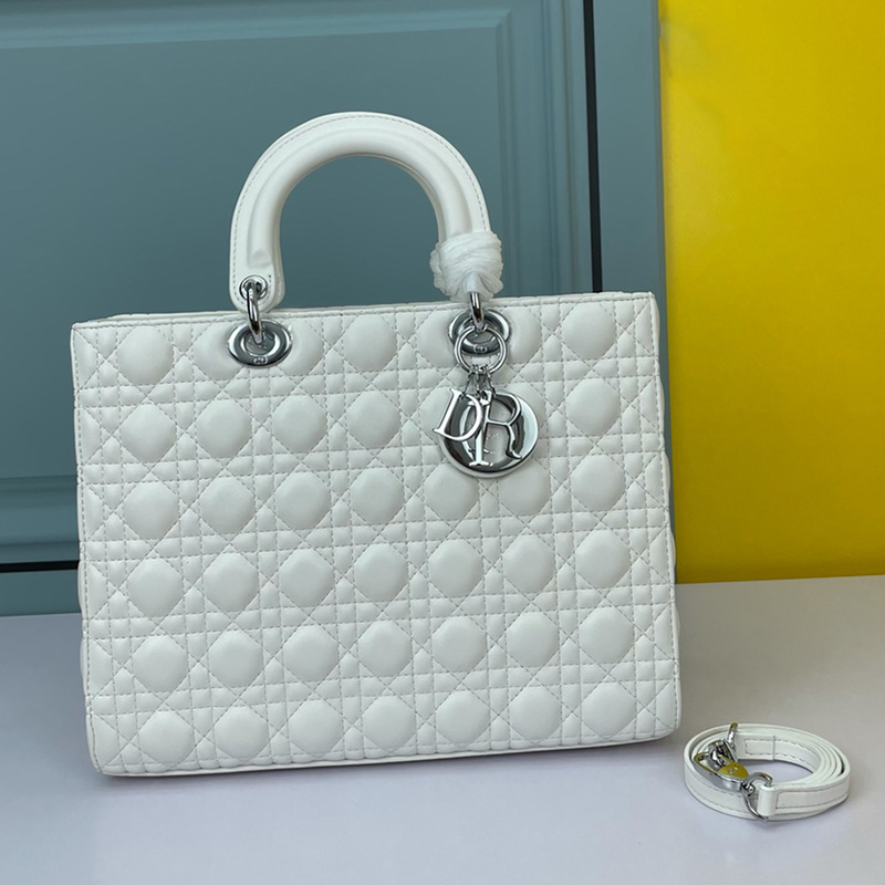 Large Lady Dior Bag Cannage Lambskin White/Silver