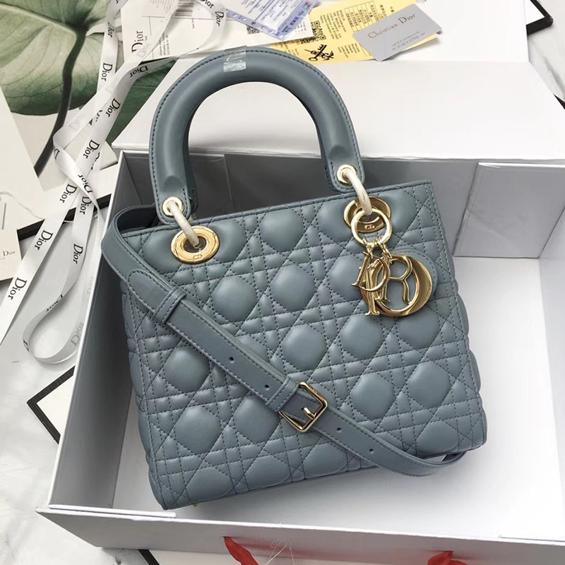 Medium Lady Dior Bag Cannage Lambskin Sky Blue/Gold