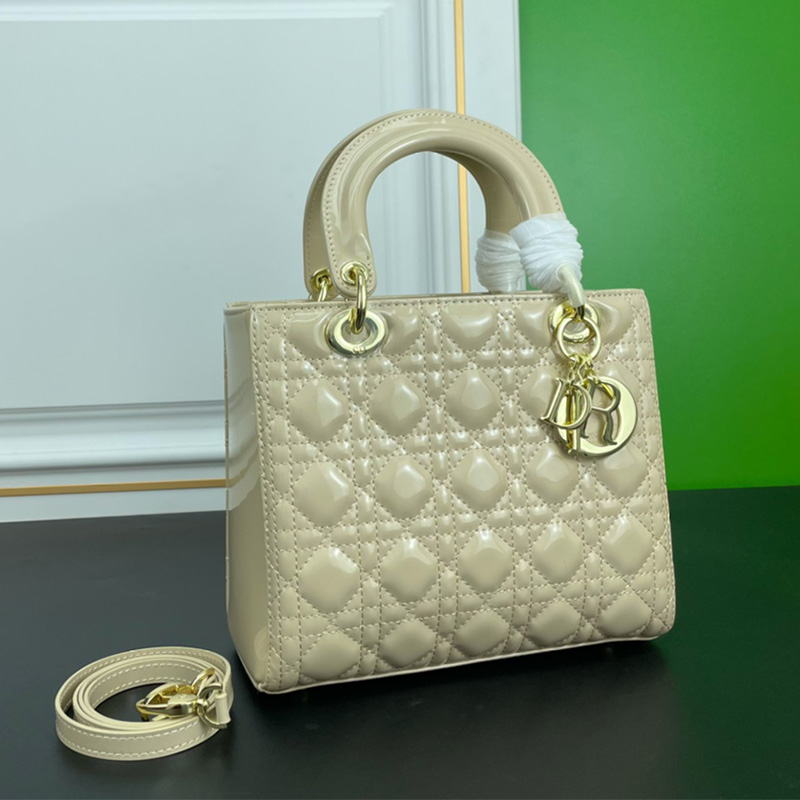 Medium Lady Dior Bag Patent Cannage Calfskin Apricot/Gold