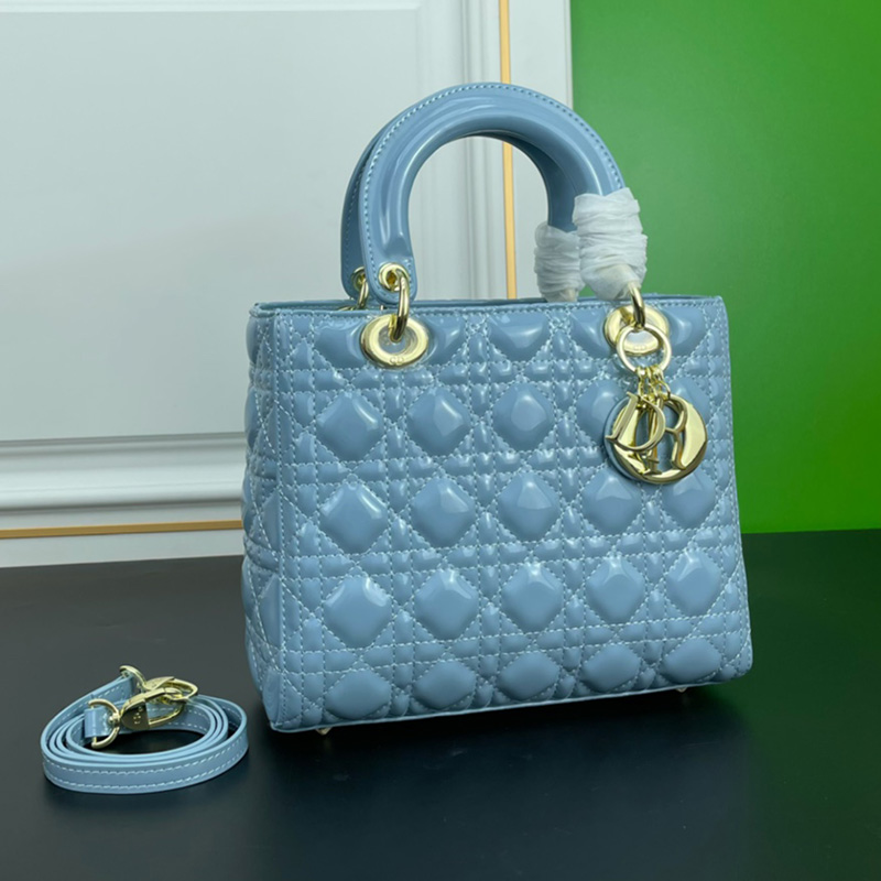 Medium Lady Dior Bag Patent Cannage Calfskin Sky Blue/Gold