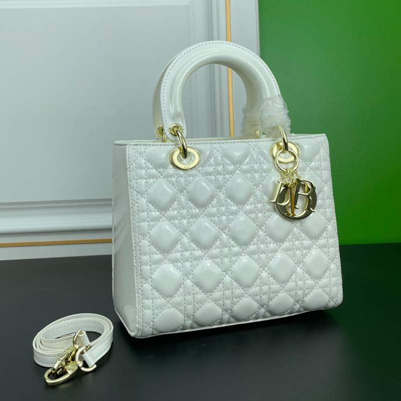 Medium Lady Dior Bag Patent Cannage Calfskin White/Gold