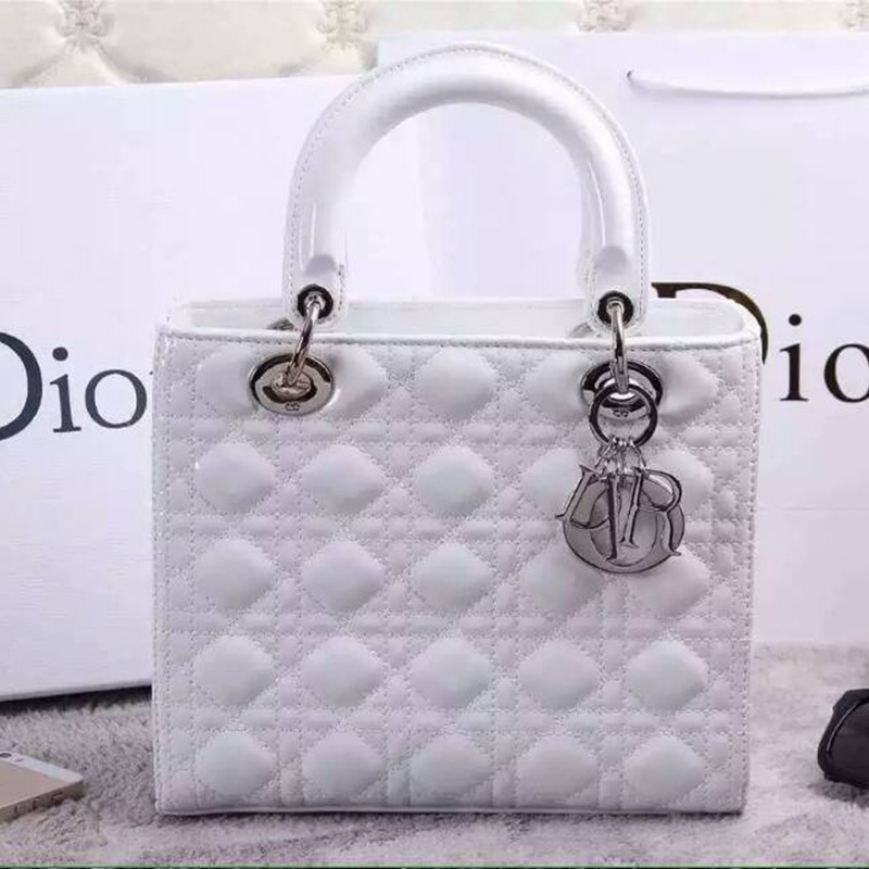 Medium Lady Dior Bag Patent Cannage Calfskin White/Silver