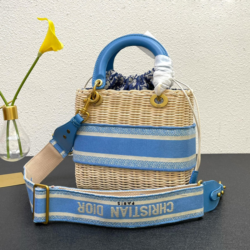 Medium Lady Dior Bag Wicker and Oblique Motif Canvas Light Blue