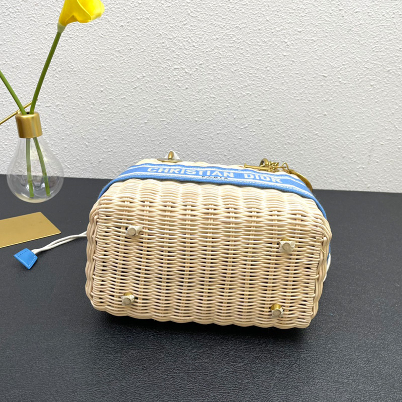 Medium Lady Dior Bag Wicker and Oblique Motif Canvas Light Blue