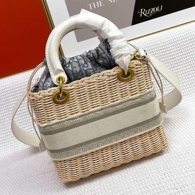 Medium Lady Dior Bag Wicker and Oblique Motif Canvas Grey