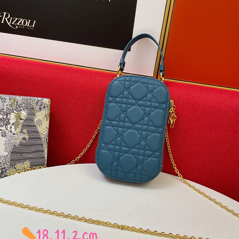 Lady Dior Phone Holder Cannage Lambskin Blue