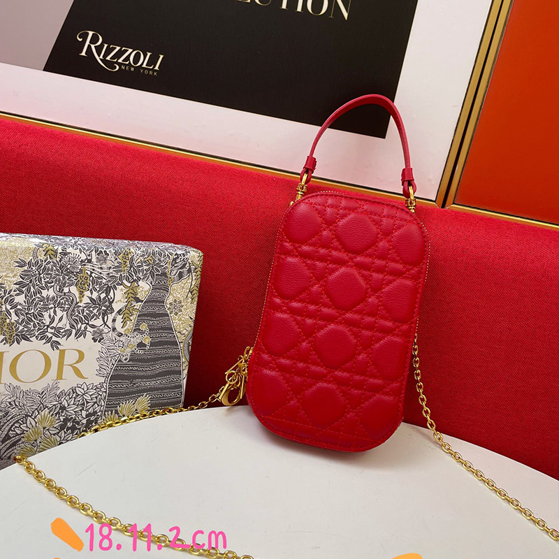 Lady Dior Phone Holder Cannage Lambskin Red