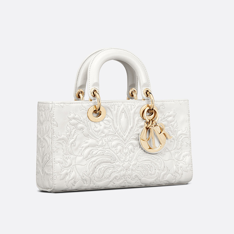Medium Lady D-Joy Bag Ornamental Motif Quilted-Effect Lambskin White