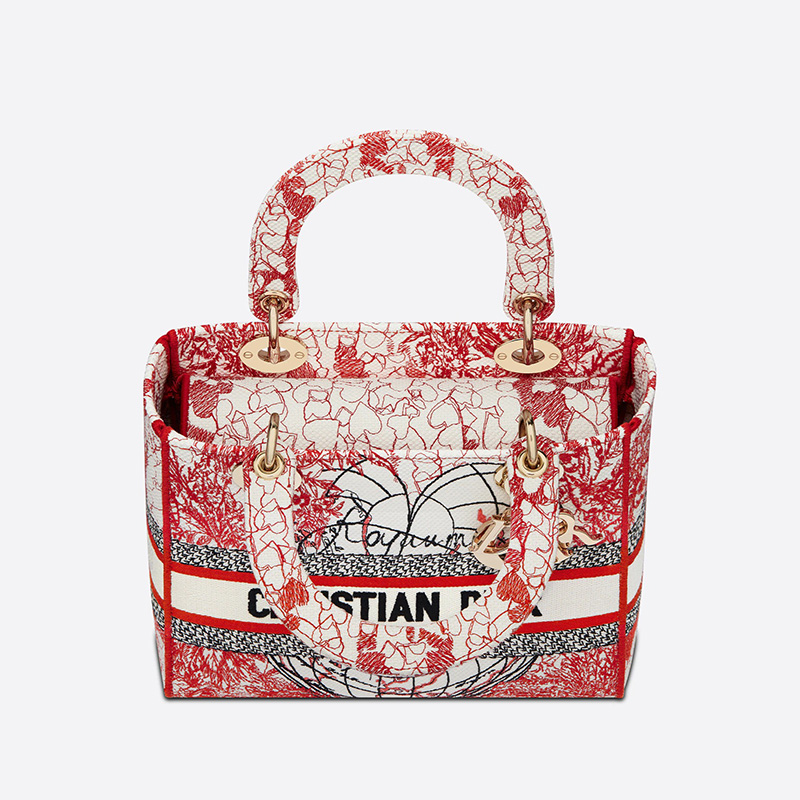 Medium Lady D-lite Bag Dioramour D-Royaume d'Amour Motif Canvas Red/White