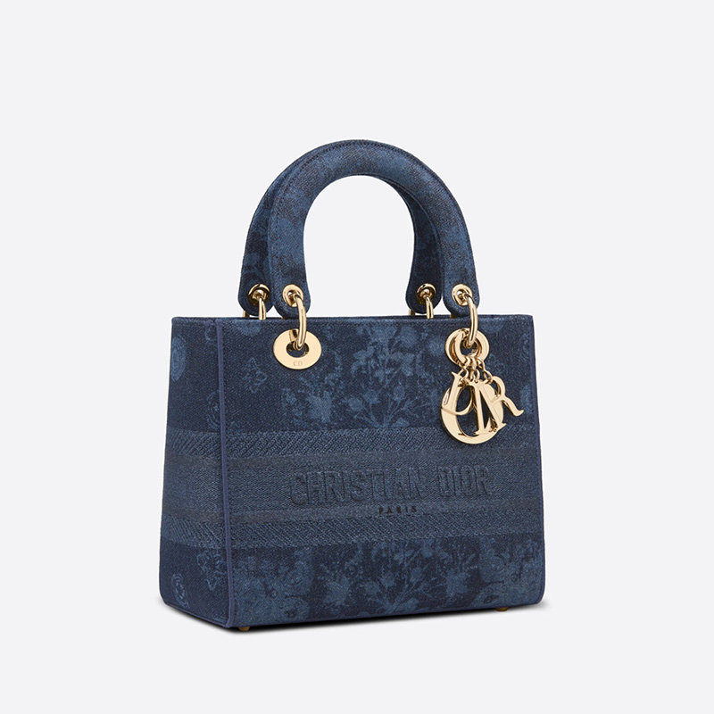 Medium Lady D-lite Bag Flowers Motif Denim Blue