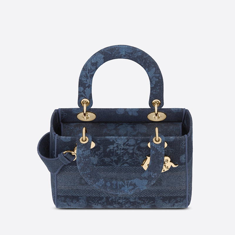 Medium Lady D-lite Bag Flowers Motif Denim Blue