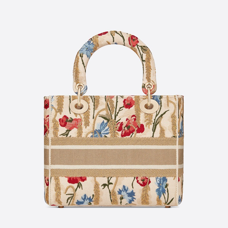 Medium Lady D-lite Bag Hibiscus Motif Canvas Beige