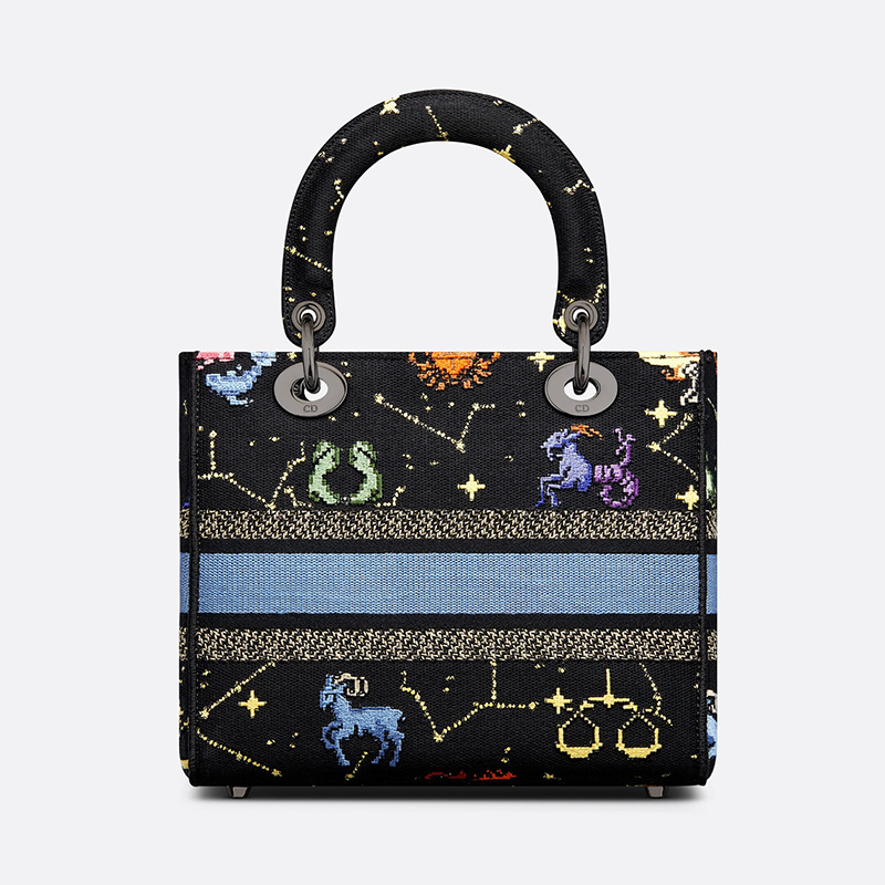 Medium Lady D-lite Bag Pixel Zodiac Motif Canvas Black