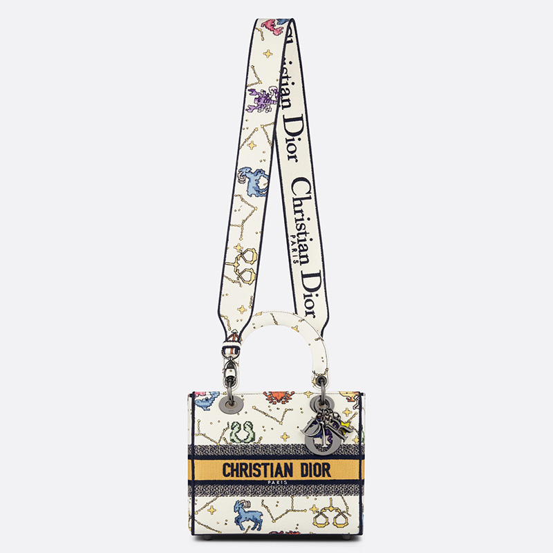 Medium Lady D-lite Bag Pixel Zodiac Motif Canvas White