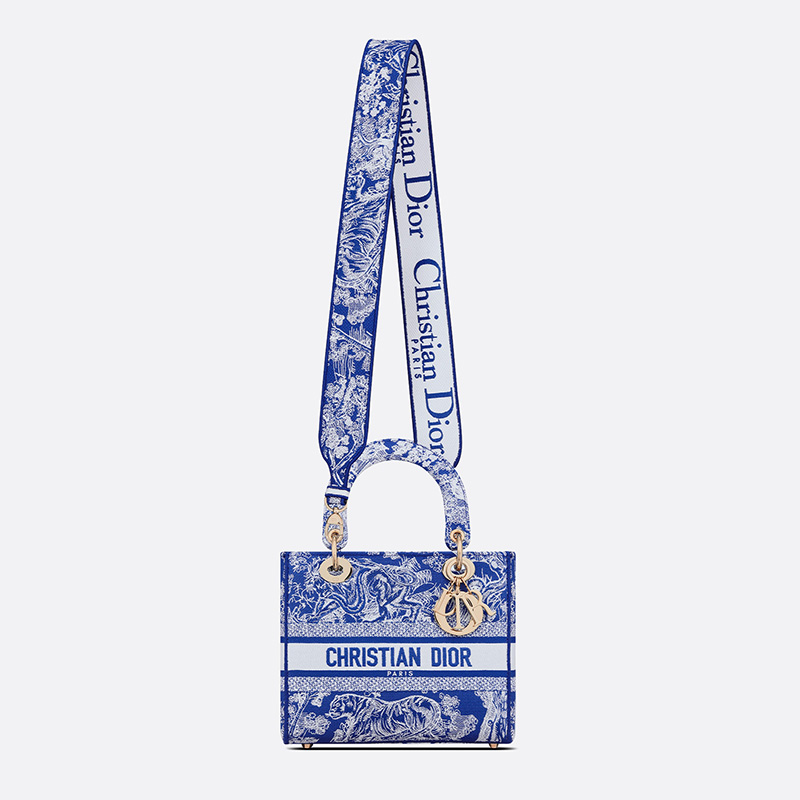 Medium Lady D-lite Bag Toile de Jouy Motif Canvas Bright Blue