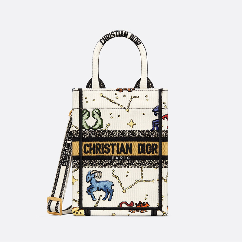 Miniature Dior Book Tote Pixel Zodiac Motif Canvas White